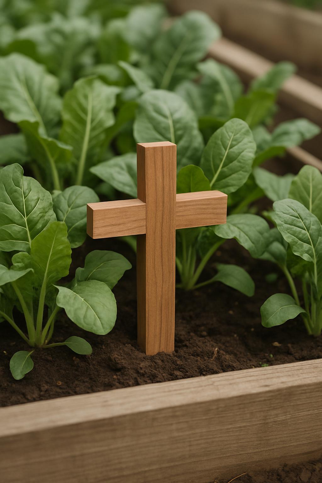 A small wooden cross in a planter box next to a set of leafy greens.