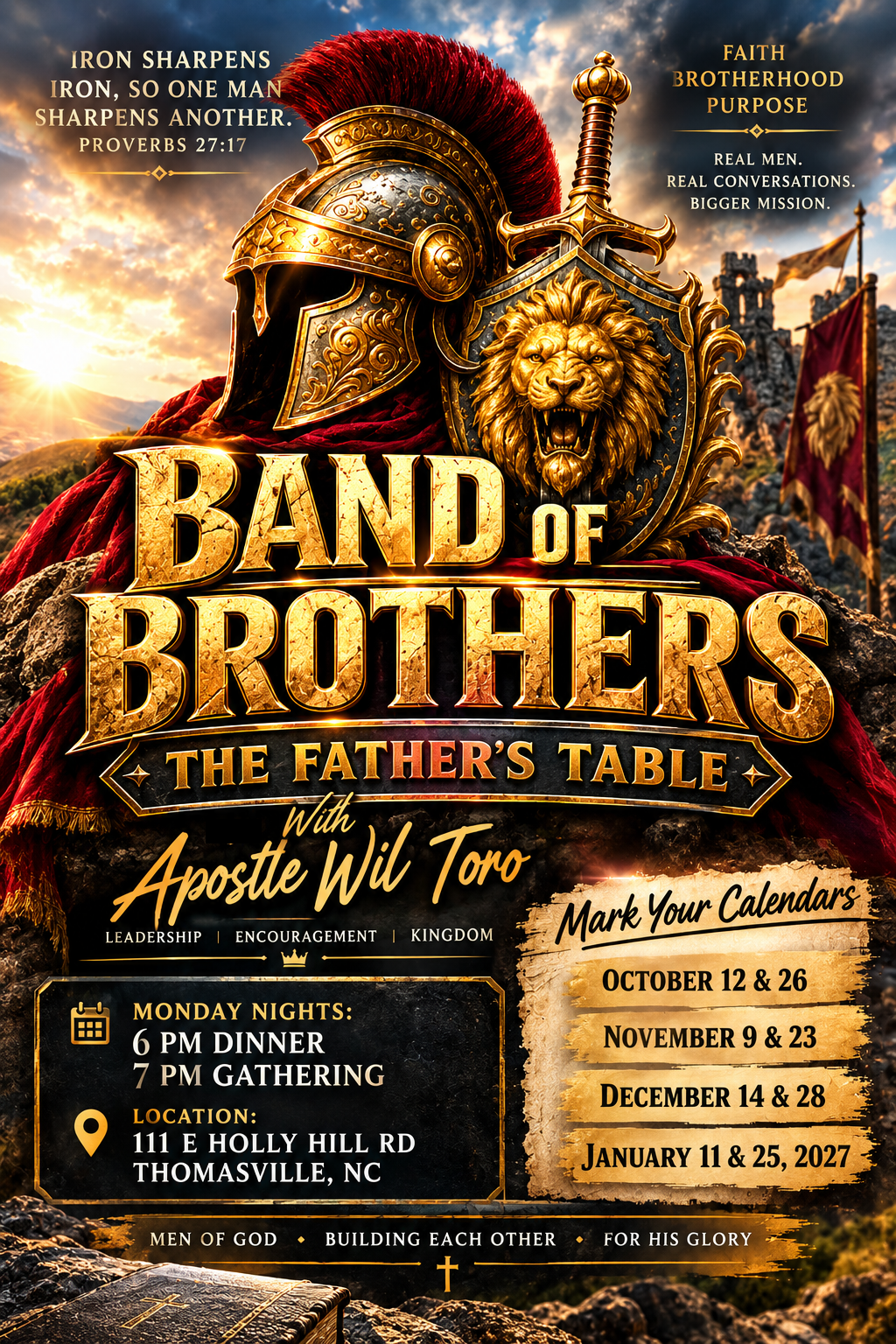 From October through January 2027 here in display are all the dates for the Band of Brothers meetings